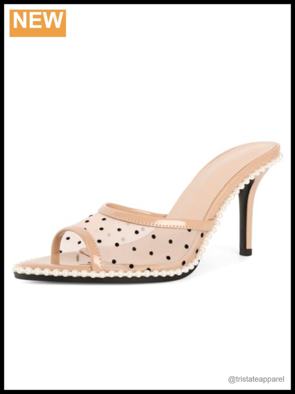 Women's Mesh Mule Heels Pointed Open Toe Beaded Slip On Party Wedding Shoes